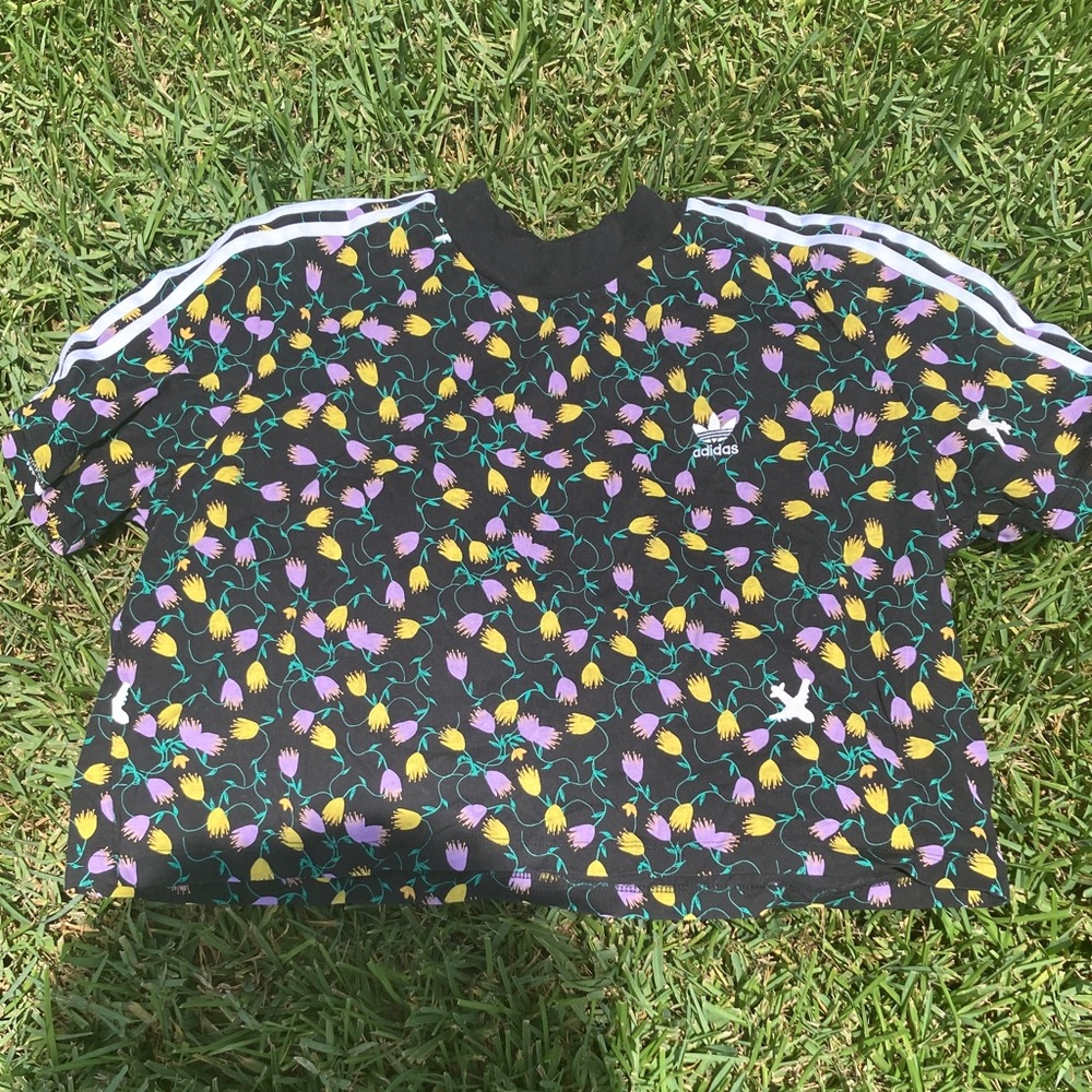 Adidas Black Crop Top with Floral Pattern